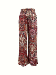 Floral Print Wide Leg Pants Casual Shirred Waist Pants