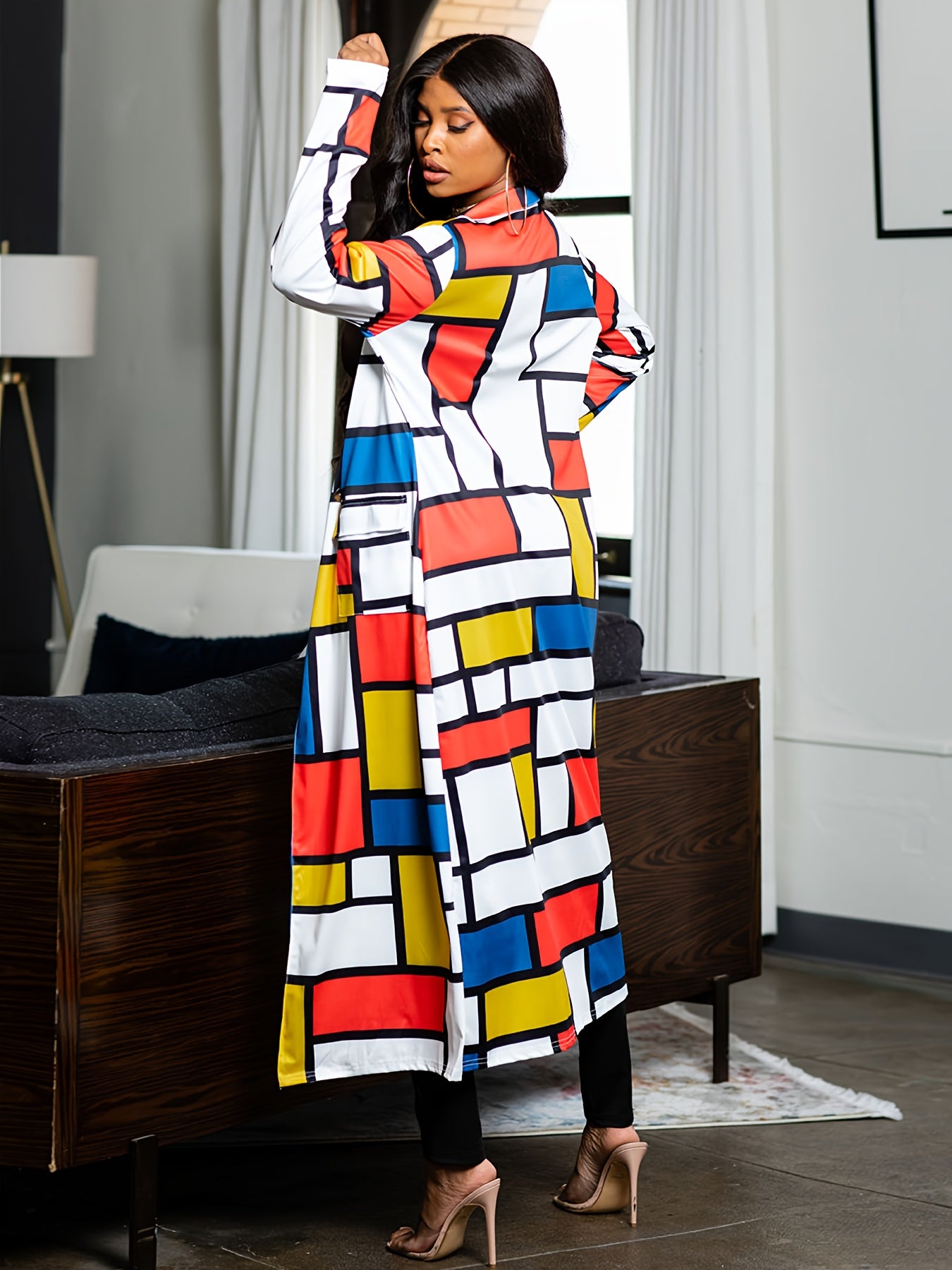 Patchwork Print Double Breasted Overcoat Long Coat Fall Winter Women's Clothing