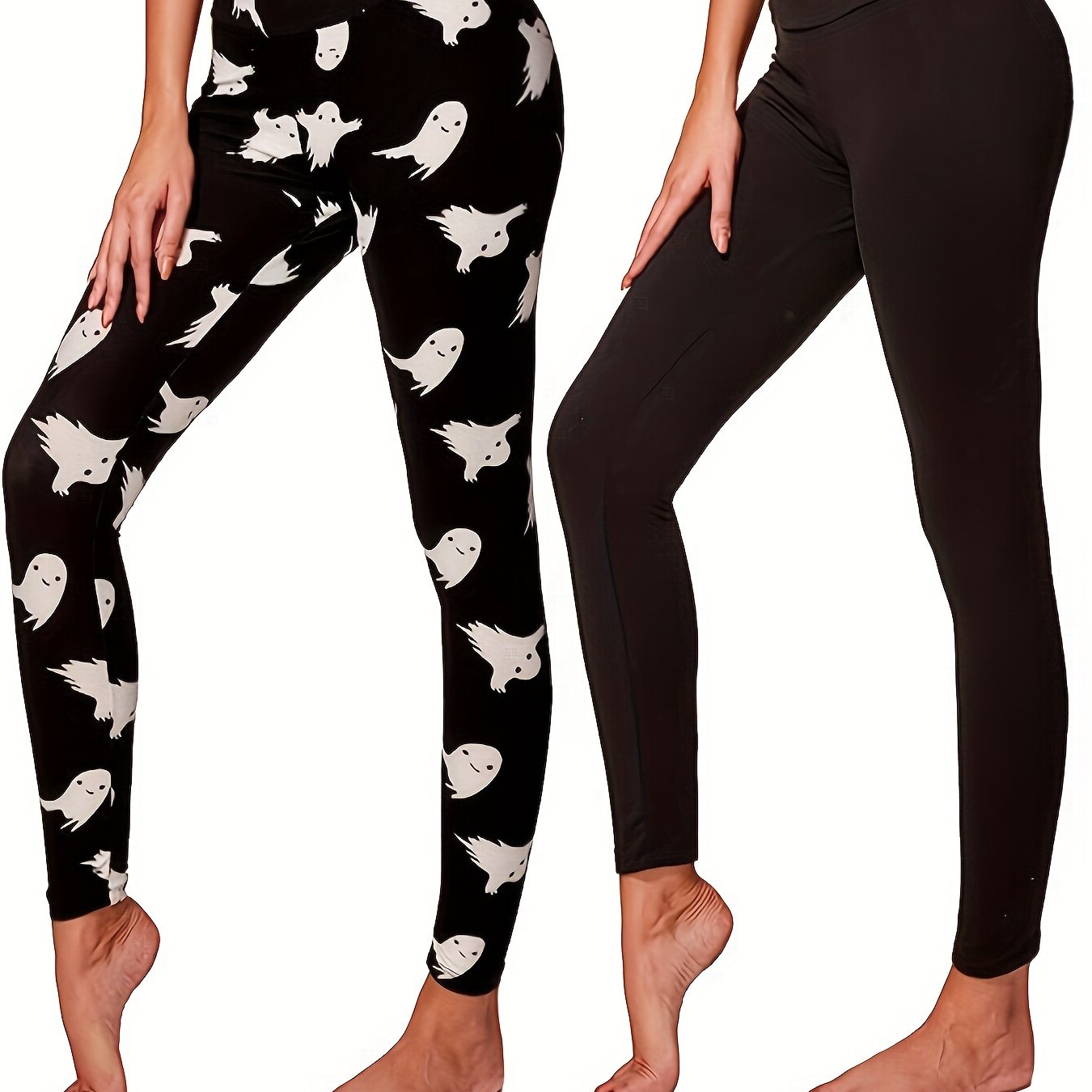 2 Pack Women's Plus Ghost Print & Solid Leggings Set