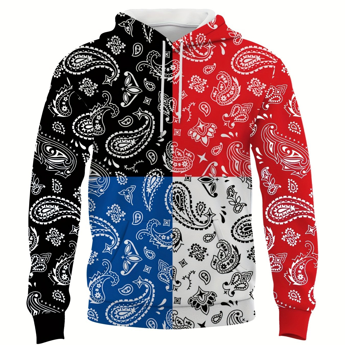 Paisley Print Block Hoodies Men Comfy Loose Hooded Pullover Mens Clothing