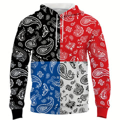 Paisley Print Block Hoodies Men Comfy Loose Hooded Pullover Mens Clothing