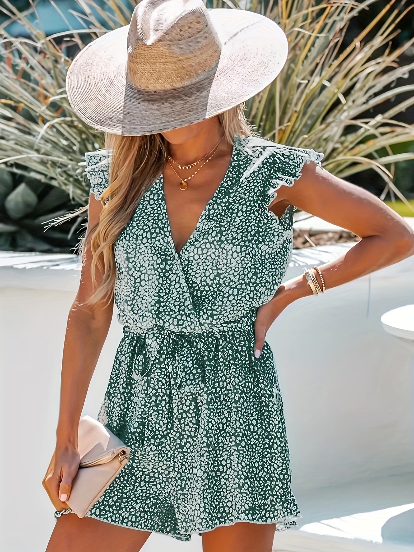 Ruffle Trim V Neck Romper Summer Vacation Casual Jumpsuit