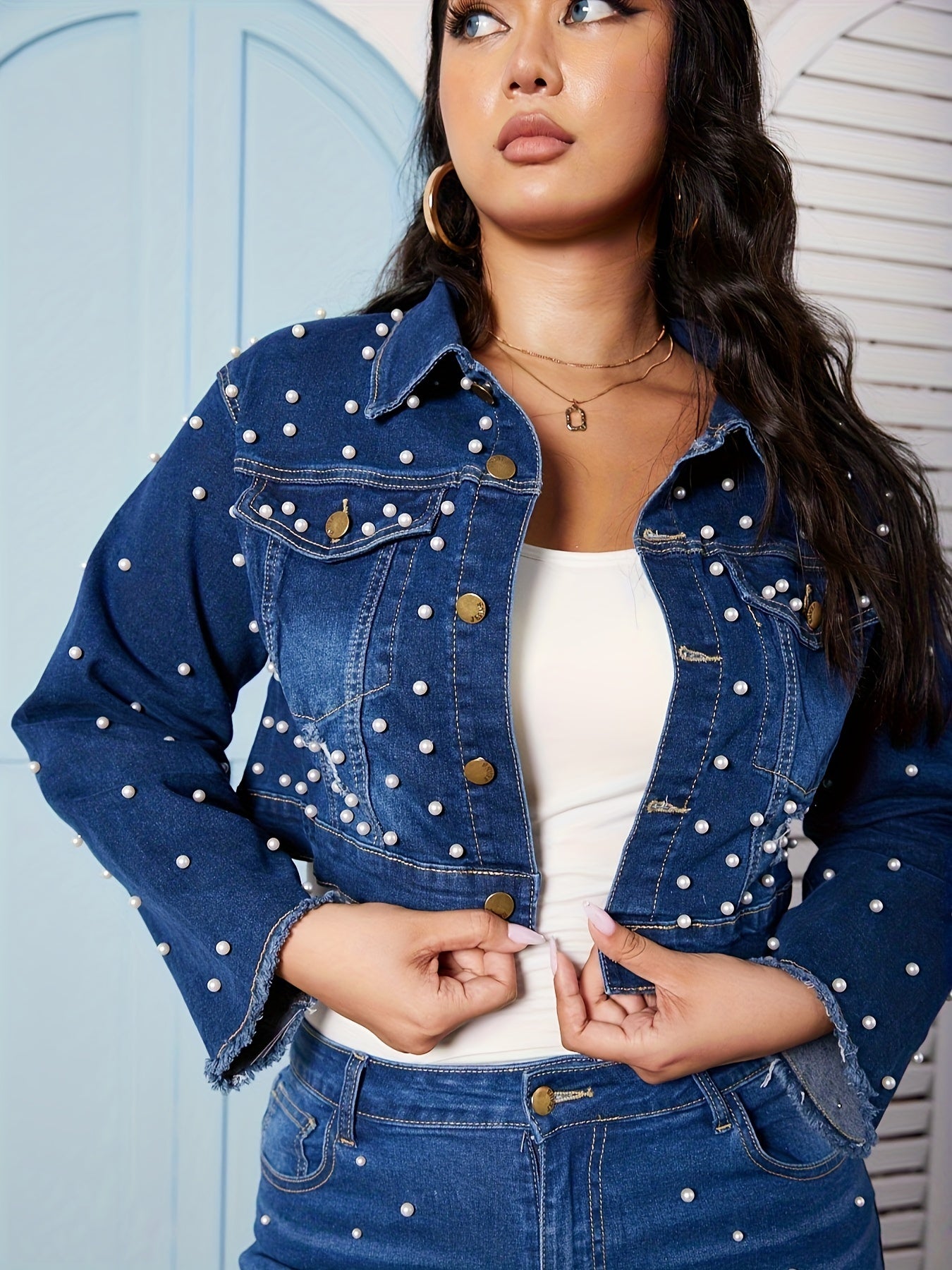 Retro Denim Jacket Raw Trim Button Up Collar Crop Jacket