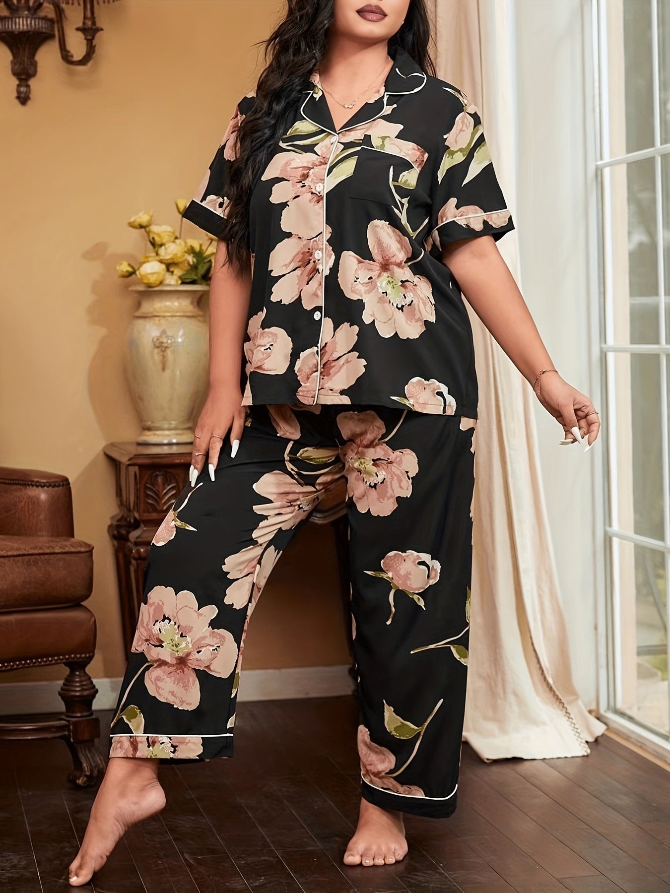 Floral Pajama Set Short Sleeve Button Up Plus Size Loungewear