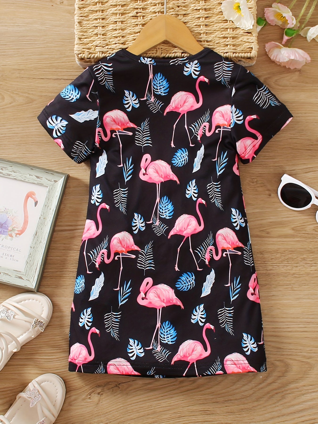 Girls Flamingo Graphic T-shirt Dress for Summer