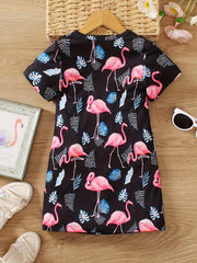 Girls Flamingo Graphic T-shirt Dress for Summer