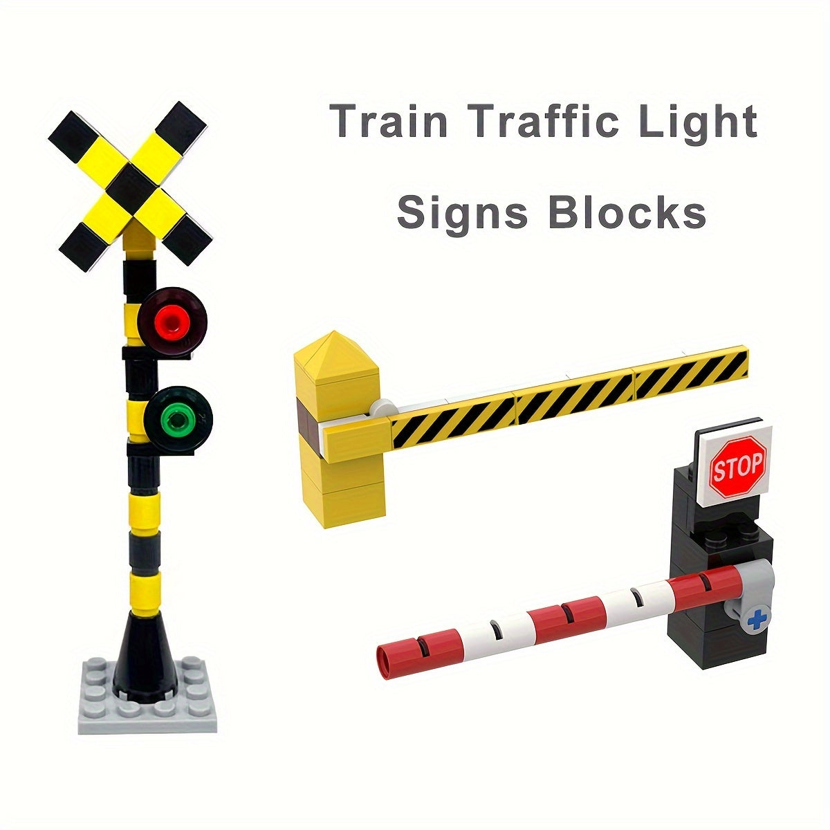 3pcs Train Track Traffic Light Road Signs Building Blocks Railway Crossing Signs