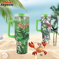 Green Plant Series Stainless Steel Tumbler Insulation Cup With Lid And Straw