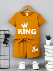 2pcs Boys Casual KING Crown Graphic Print T-shirt & Shorts Set
