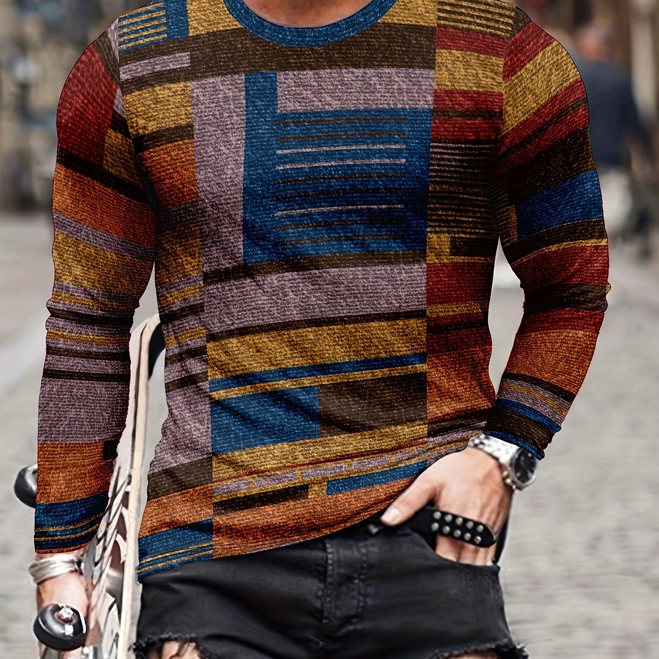 Geometry Print Men's Long Sleeve T-shirt for Autumn