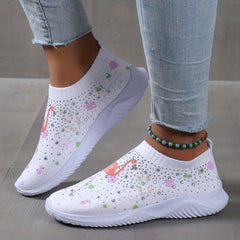 Women's Cartoon Pattern Sock Shoes Casual Rhinestone Decor Low Top