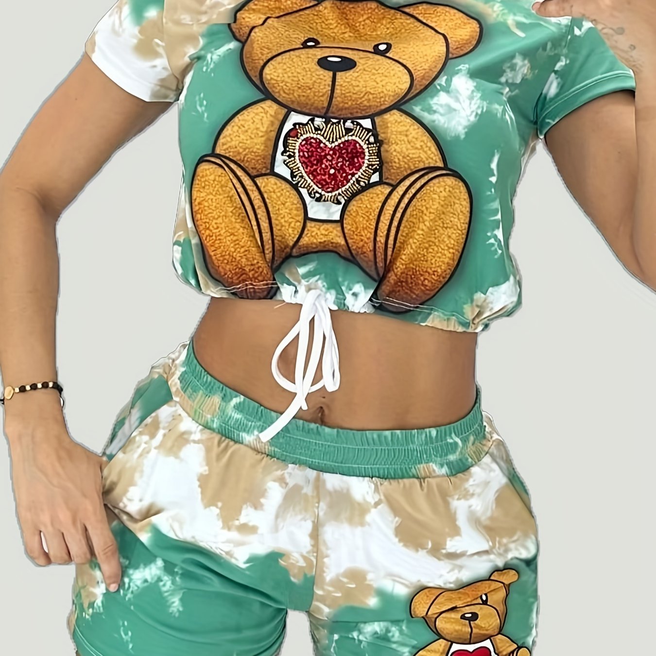 Bear Print 2pc Set Short Sleeve Tee & Shorts Outfit