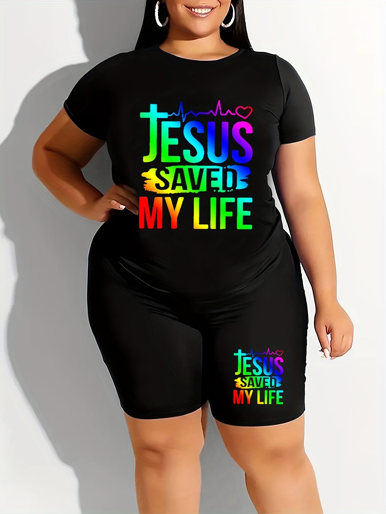 2 Piece Set Women's Letter Print Tee & Shorts Outfit
