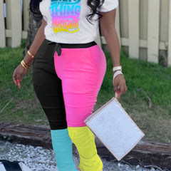 Women's Art Print Top & Colorblock Ruched Pants Outfit Set