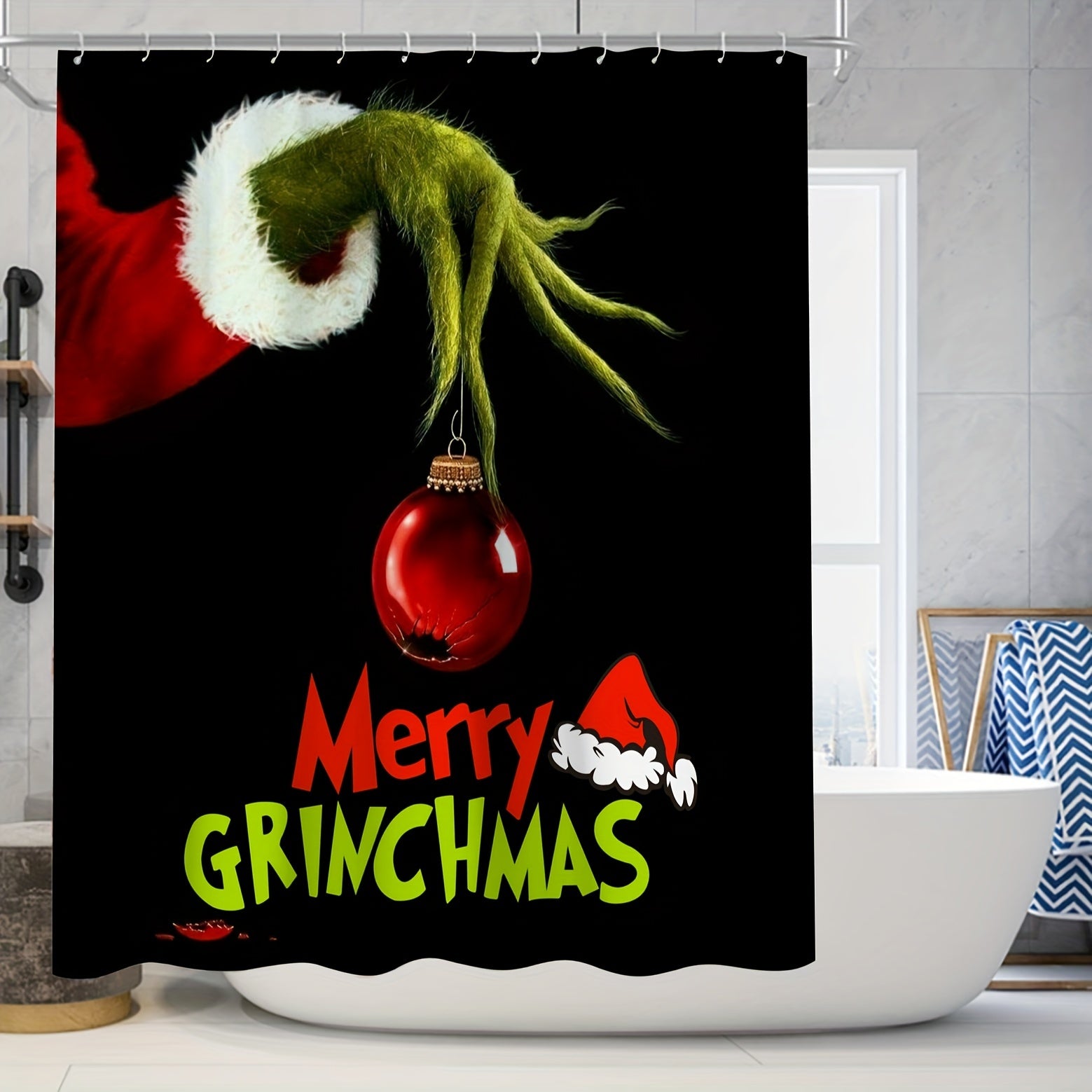 Christmas Shower Curtain Set Holiday Waterproof Removable Shower