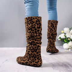 Leopard Print Slouch Boots Round Toe Side Zipper Flat Comfy Riding Boots