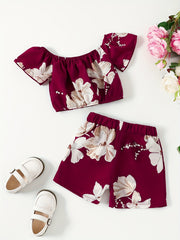 Girls Flower Graphic Off Shoulder Top & Shorts Set For Summer