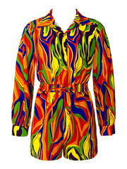 Abstract Print Romper Jumpsuit Boho Drawstring Waist Long Sleeve Romper