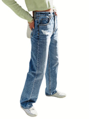 Ripped High Rise Loose Fit Straight Leg Jeans