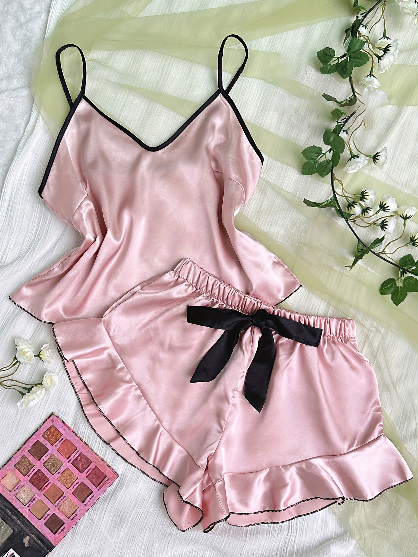 Satin Pajama Set V Neck Cami Top & Ruffle Shorts