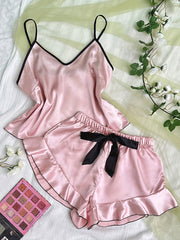Satin Pajama Set V Neck Cami Top & Ruffle Shorts