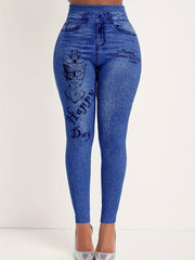 Denim Butterfly Print High Rise Leggings