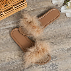 Women's Fluffy Feather Flat Slides Open Toe Slip On Slide Sandals