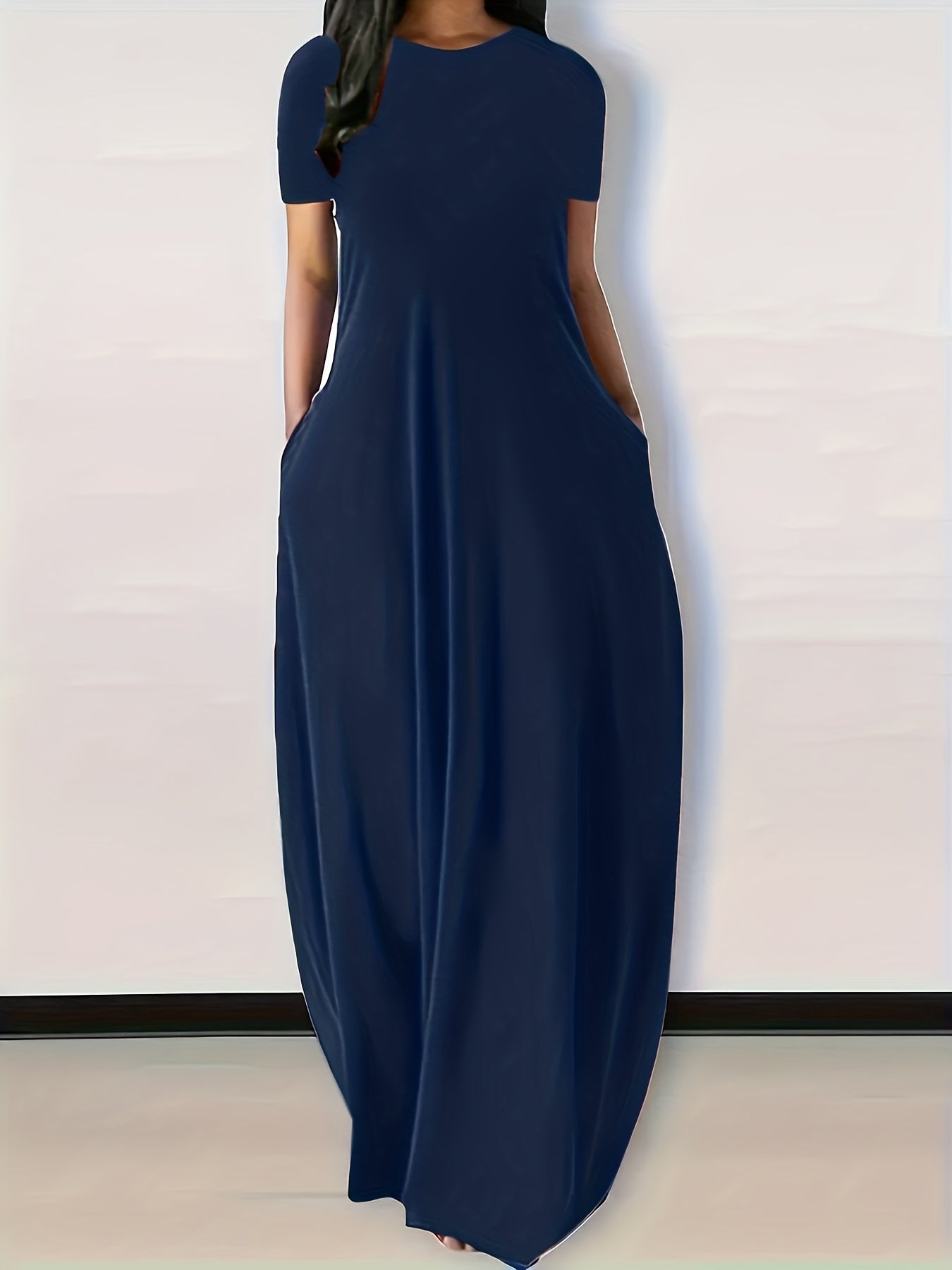 Solid Round Neck Loose Maxi Dress With Pocket Women's Plus