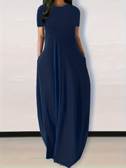 Solid Round Neck Loose Maxi Dress With Pocket Women's Plus