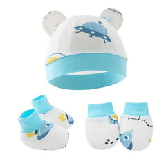 3 Piece Soft Cotton Newborn Baby Set: Beanie Knot Hat, Mittens & Socks