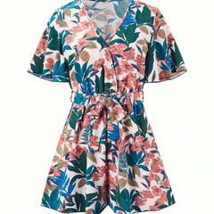 Boho Floral Print Belted Jumpsuit Flutter Sleeve Deep V Neck Casual Jumpsuit