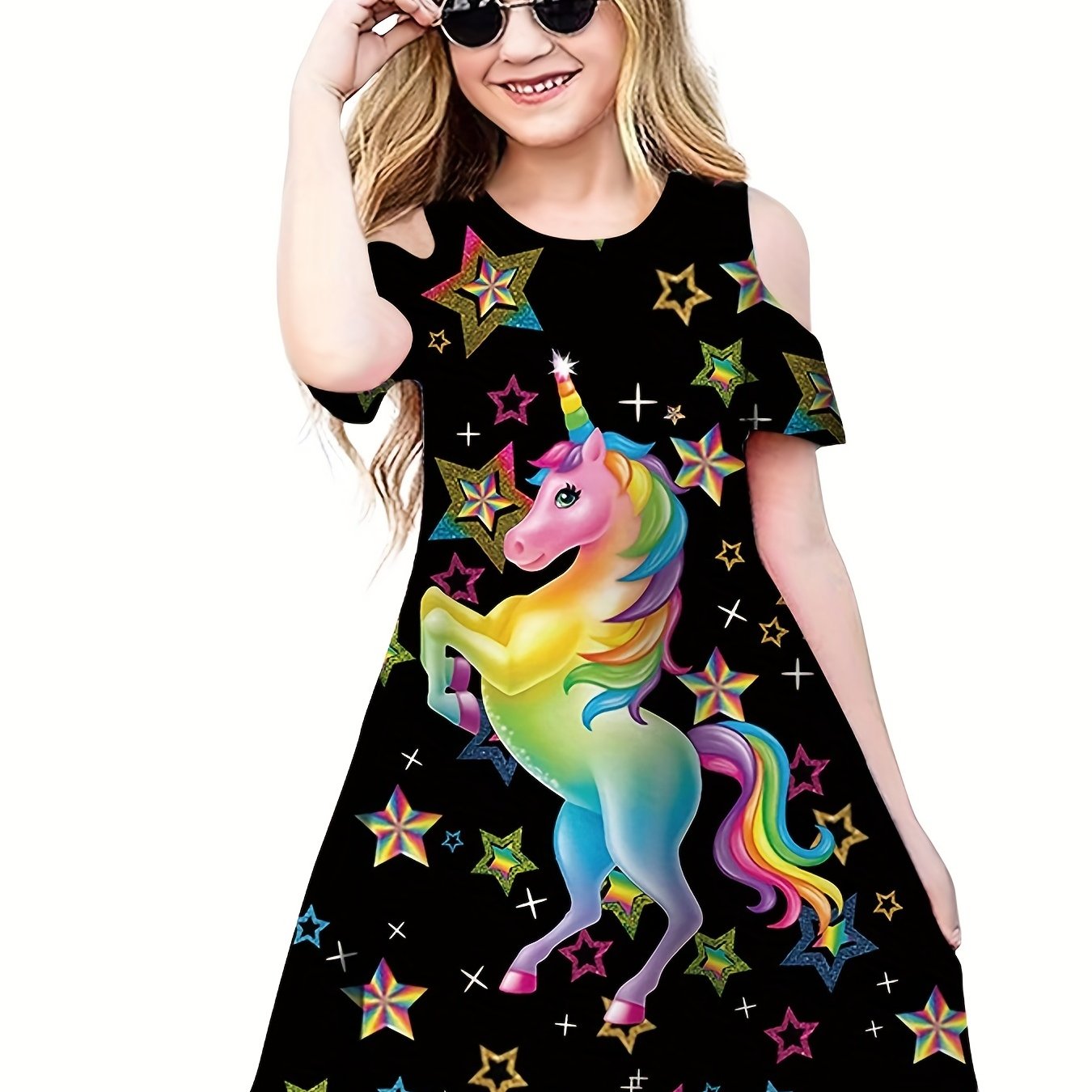 Girls Rainbow Unicorn & Star Print Cold Shoulder Dress