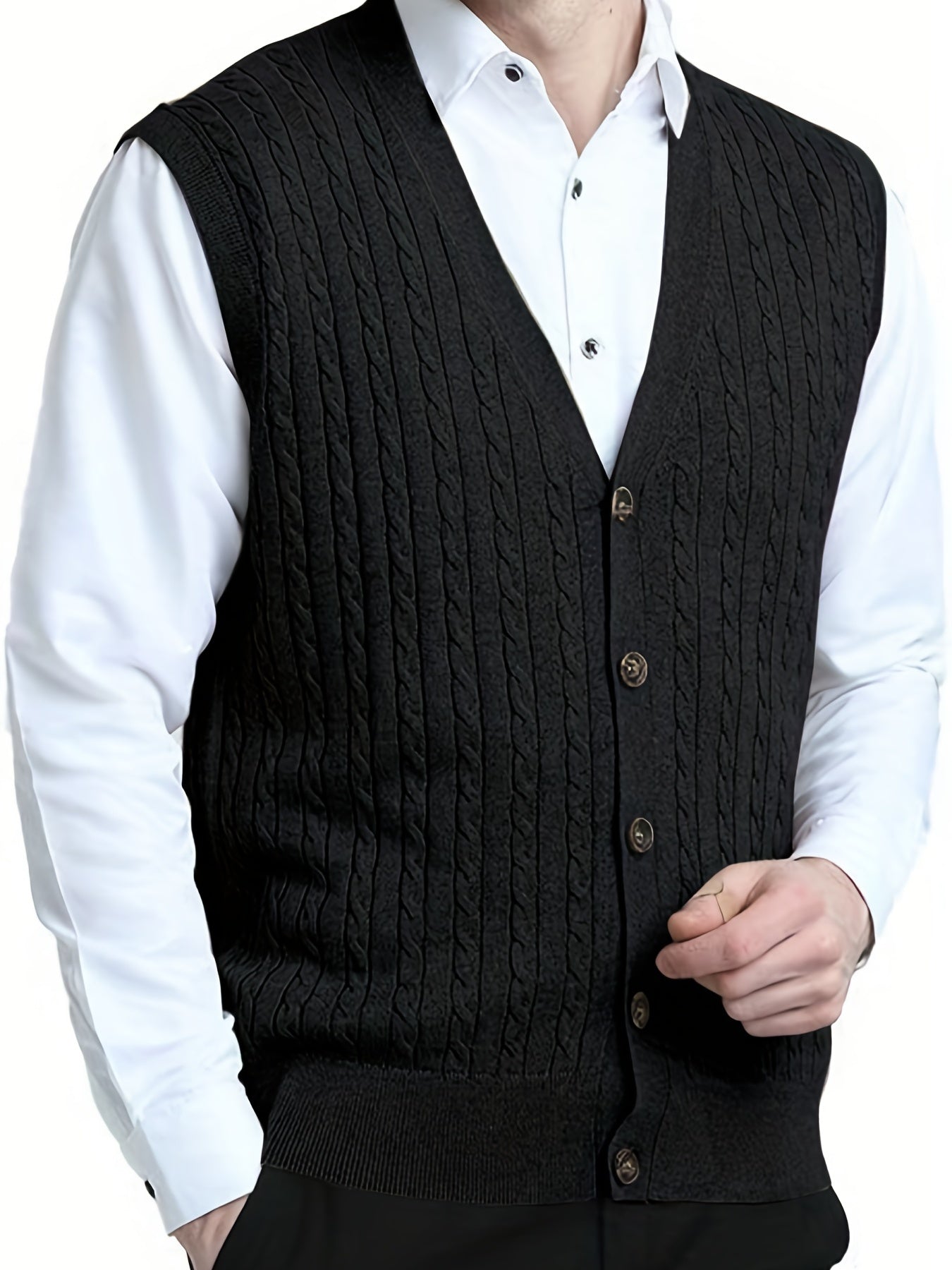 Men's Knit Cable Cardigan Vest V Neck Button Up Casual Vintage Style