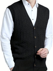 Men's Knit Cable Cardigan Vest V Neck Button Up Casual Vintage Style