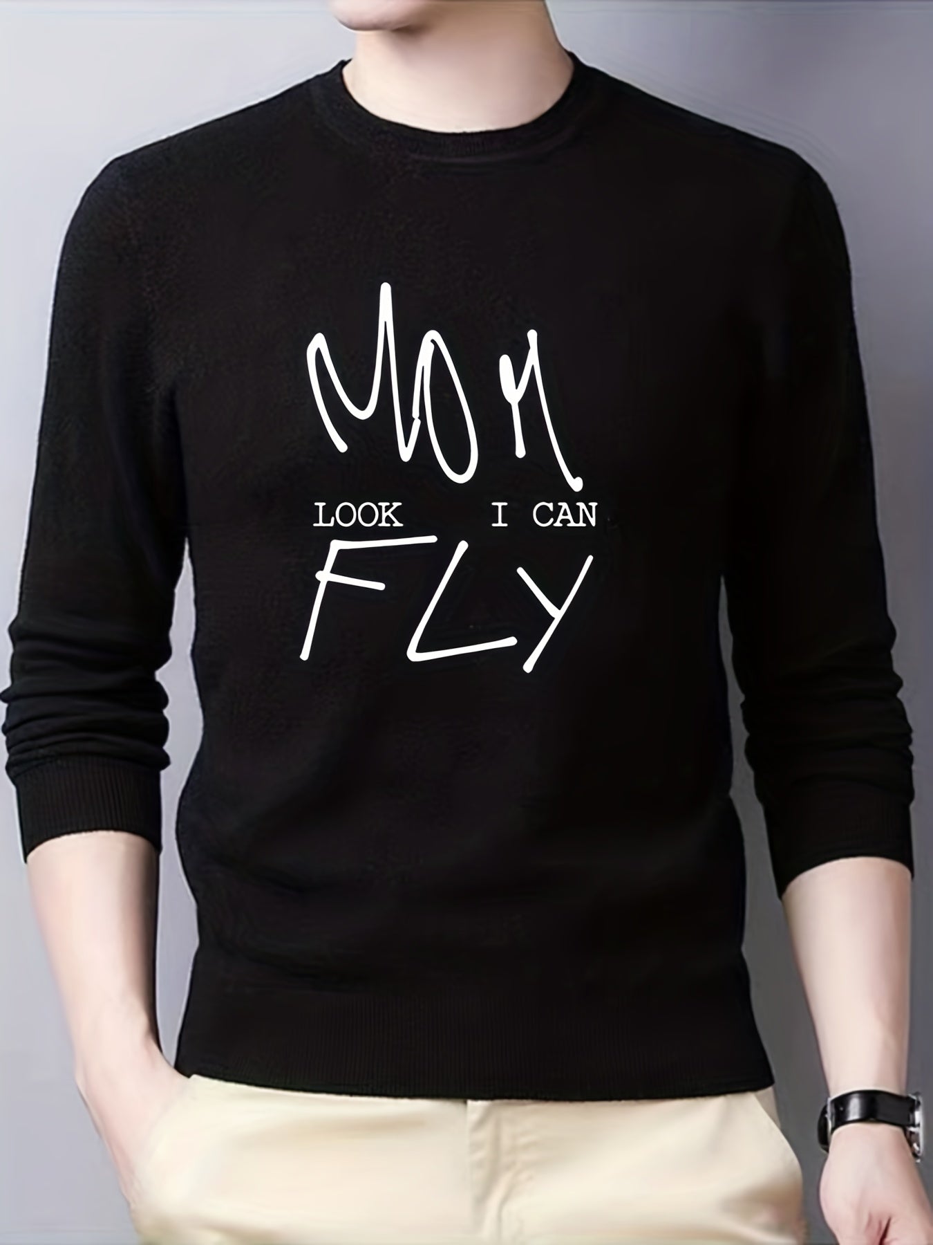 Mom Look Knitted Sweater Men's Casual Mid Stretch Crew Neck Pullover Sweater