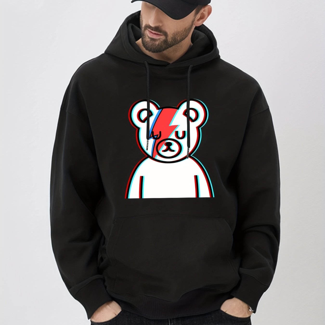Cartoon Bear Print Hoodie for Men