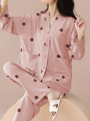 Polka Dot Print Pajama Set Long Sleeve Top & Pants Women's Sleepwear