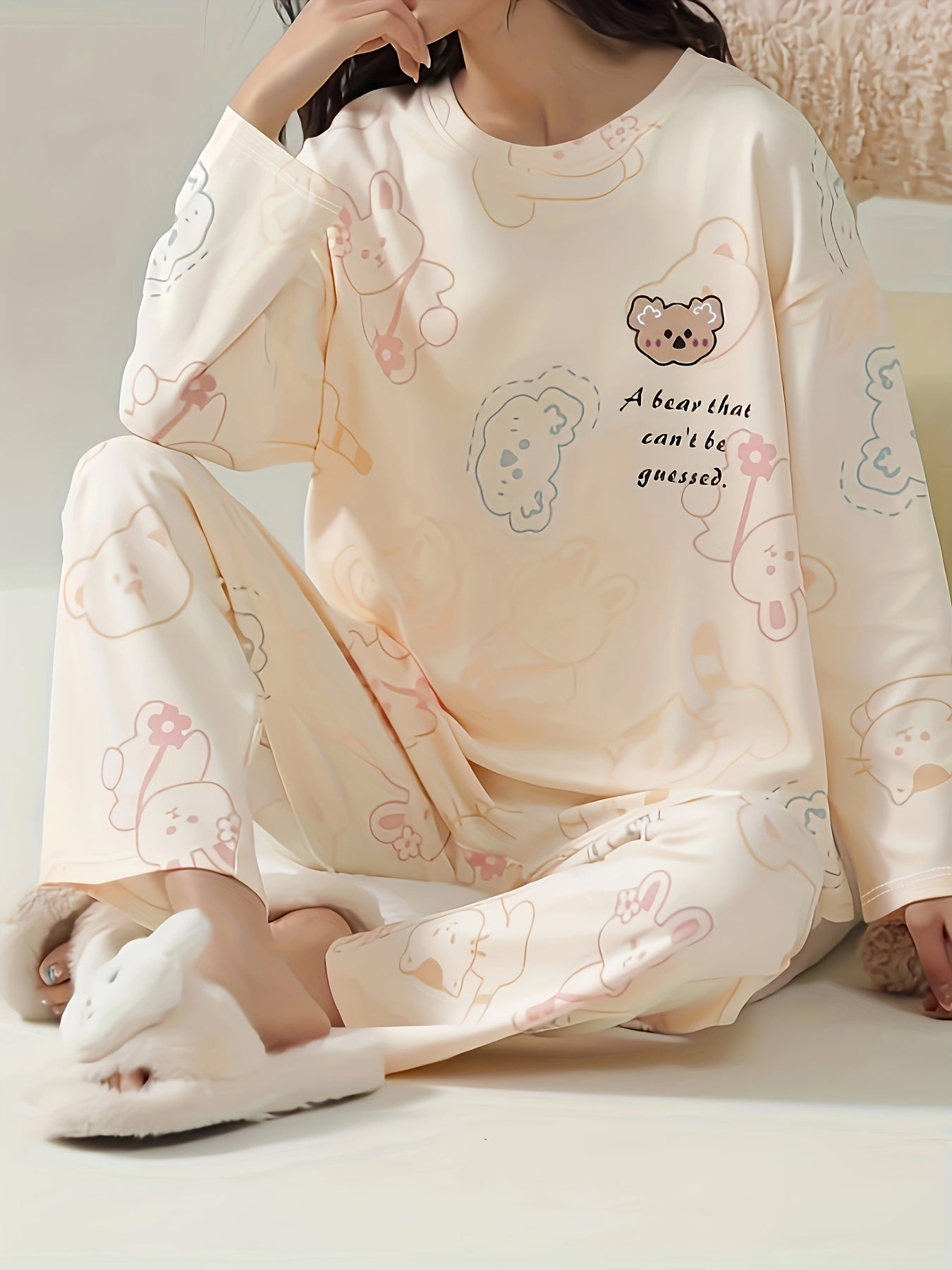 Bear Print Pajama Set Crew Neck Top & Pants Women's Sleepwear
