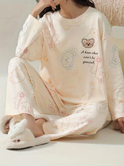 Bear Print Pajama Set Crew Neck Top & Pants Women's Sleepwear