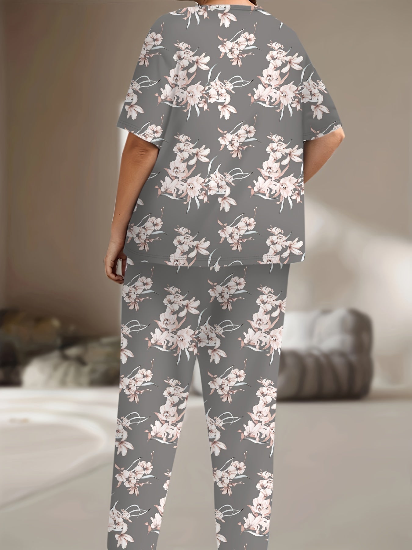 Floral Print Pajama Set Short Sleeve Tee & Pants 2 Piece