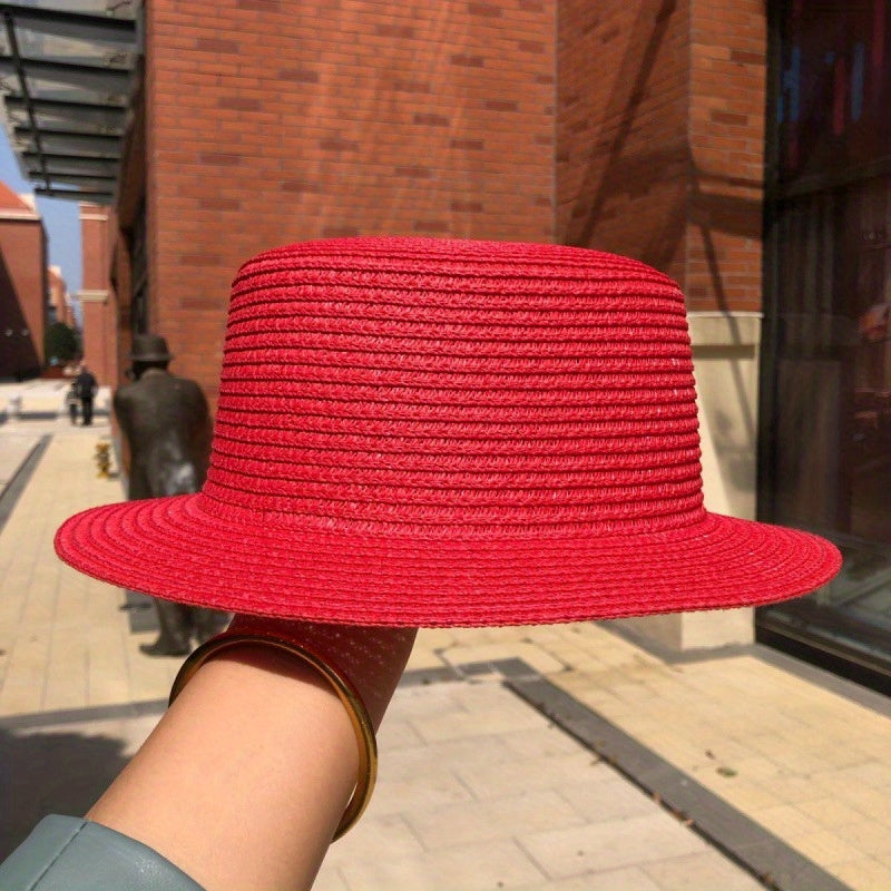 2pcs Candy Flat Top Fedora Straw Sun Hat Women's Spring Summer Travel