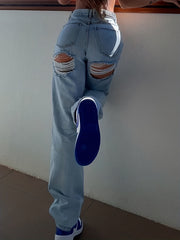 High Waist Ripped Straight Jeans Loose Fit