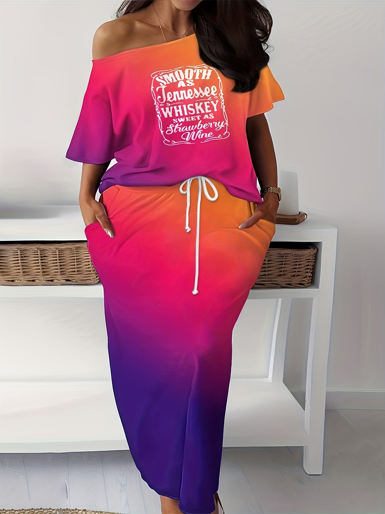 Ombre Graphic Print One Shoulder Tee & Tie Skirt Set