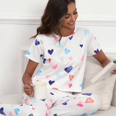 Heart Print Pajamas Set Short Sleeve Tee & Lounge Pants Women's Sleepwear