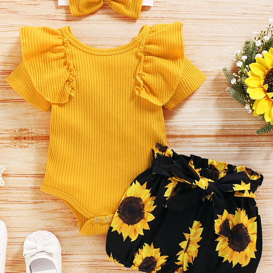 Baby Girls Yellow Pit Strip Short Sleeve Bodysuit Floral Shorts Set