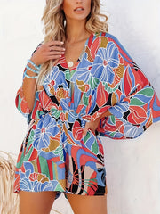 Floral Print Romper Jumpsuit Batwing Sleeve