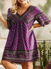 Paisley Print Short Sleeve V Neck Dress
