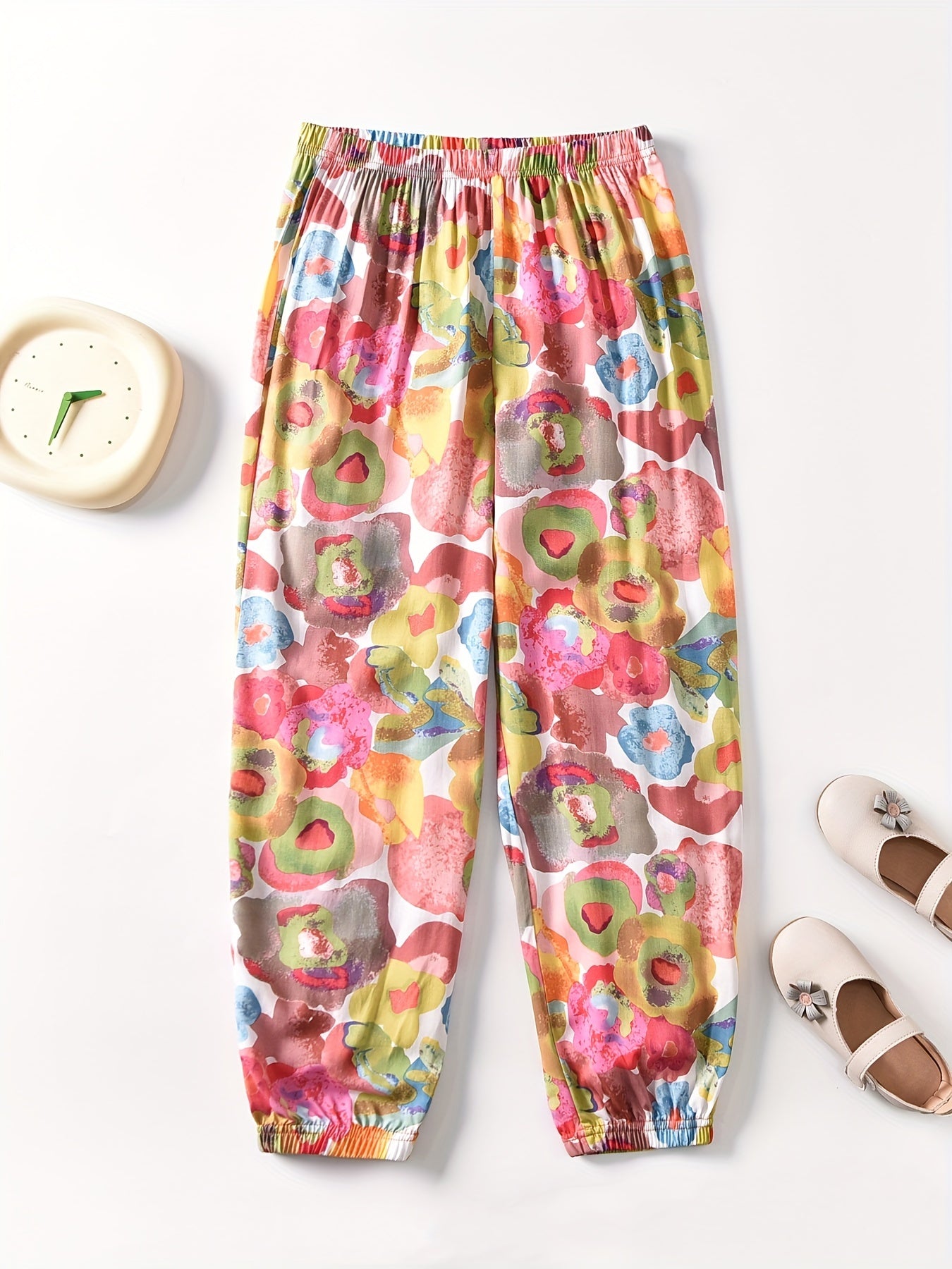 Girls Casual Flowers Graphic Cotton Jogger Trousers for Summer