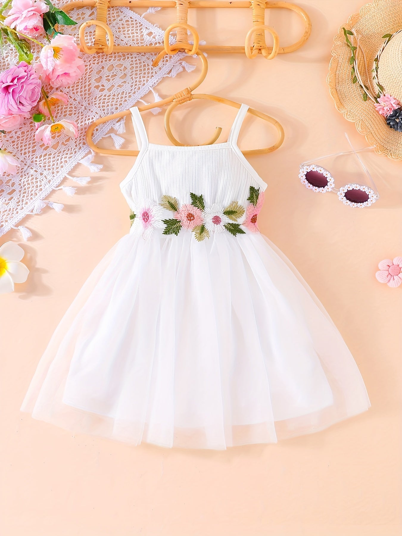 Toddler Girls Flowers Embroidery Mesh Princess Cami Dress