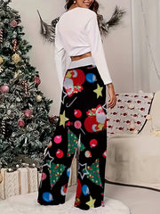 Women's Plus Christmas Tree & Santa Claus Print High Rise Wide Leg Pants